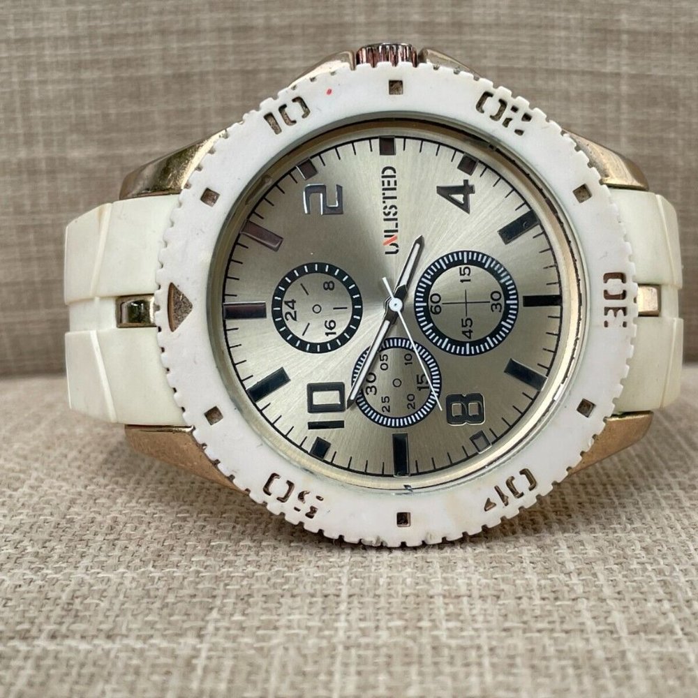Unlisted Men Wristwatch White Band Gold Tone Case Quartz Analog - Picture 7 of 9